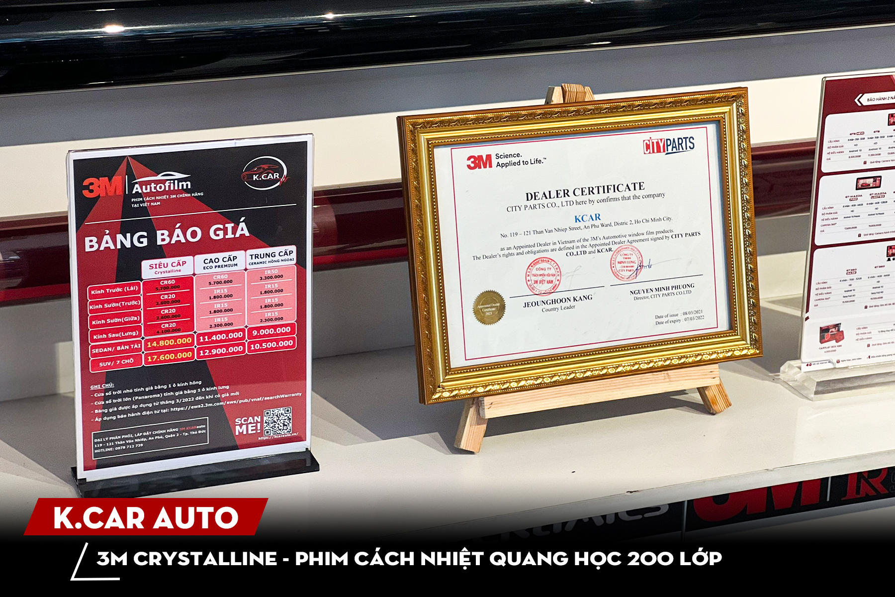 K.CAR Auto đơn vị được cấp chứng chỉ tay nghề, chứng chỉ kinh doanh lắp đặt dòng phim 3M Crystalline